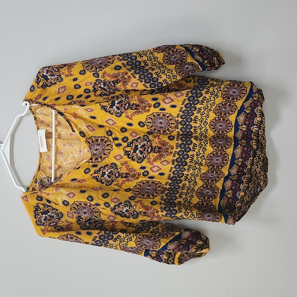 Renee C. Blouse with 3/4 Sleeves Yellow Floral Bohemian Patterns Women's Small
